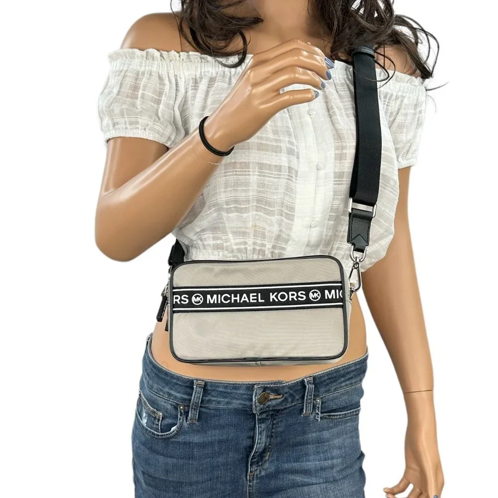 Michael Kors Kenly Small Camera Crossbody Nylon Bag Pearl Grey Black